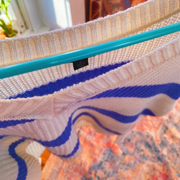 Periwinkle Blue Cozy Off The Shoulder V Neck Woven Knit Striped White Sweater - Picture 8 of 11